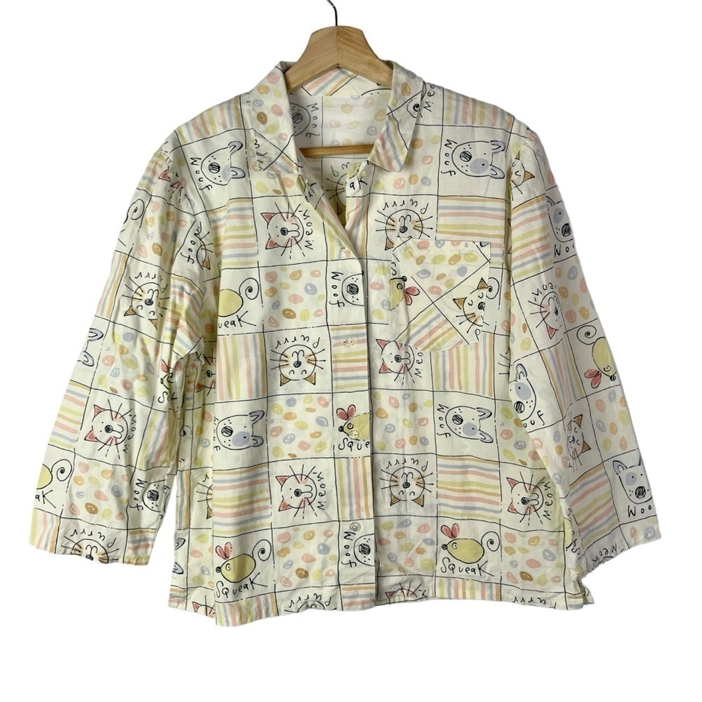 Vintage Mixed Cat Meow Print Long Sleeve Button Down S